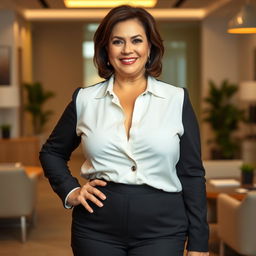 A confident 50-year-old brunette woman wearing professional office attire, showcasing a chubby neckline that adds elegance to her outfit