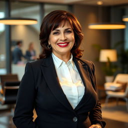A confident 50-year-old brunette woman wearing professional office attire, showcasing a chubby neckline that adds elegance to her outfit