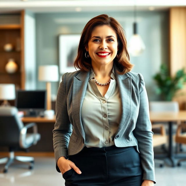 A confident 50-year-old brunette woman wearing professional office attire, showcasing a chubby neckline that adds elegance to her outfit