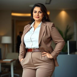 A confident, stylish 50-year-old brunette woman in office attire, showcasing a chubby neckline and big hips