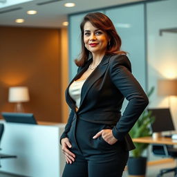 A confident, stylish 50-year-old brunette woman in office attire, showcasing a chubby neckline and big hips