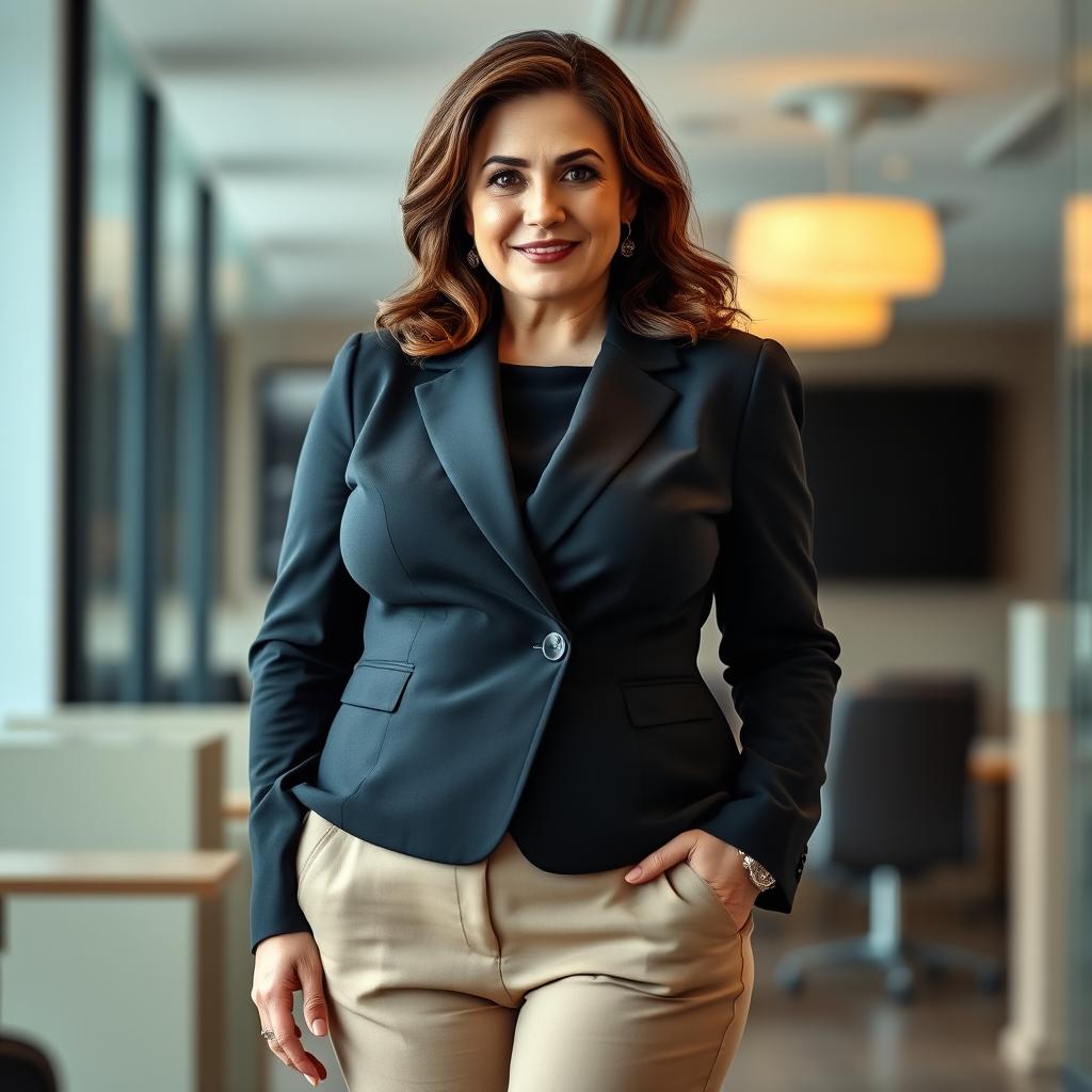 A confident, stylish 50-year-old brunette woman in office attire, showcasing a chubby neckline and big hips