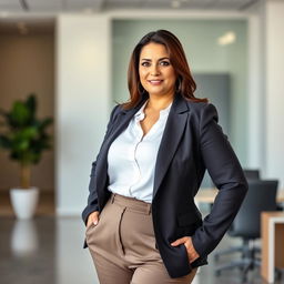 A confident, stylish 50-year-old brunette woman in office attire, showcasing a chubby neckline and big hips