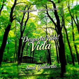 A book cover for a poetry collection featuring a lush forest landscape with vibrant, shining trees and bright green leaves