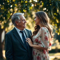 An older man and a younger woman sharing an intimate moment in an elegant outdoor setting