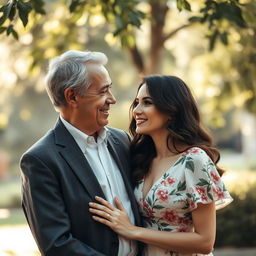 An older man and a younger woman sharing an intimate moment in an elegant outdoor setting