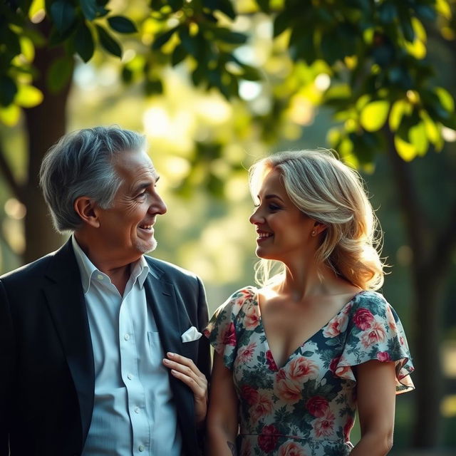 An older man and a younger woman sharing an intimate moment in an elegant outdoor setting