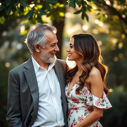 An older man and a younger woman sharing an intimate moment in an elegant outdoor setting