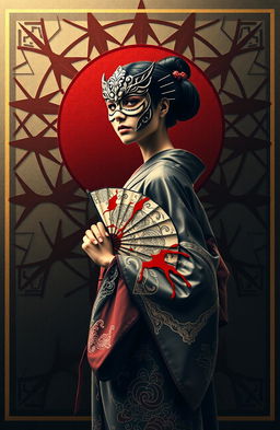 An intricate novel cover design featuring complex geometric patterns in the background, evoking a blend of modern and traditional art styles