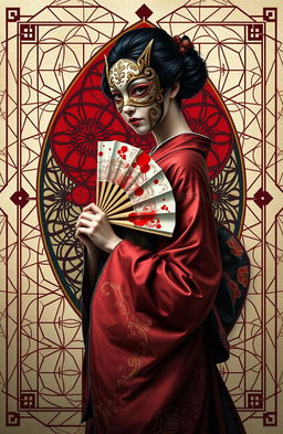 An intricate novel cover design featuring complex geometric patterns in the background, evoking a blend of modern and traditional art styles