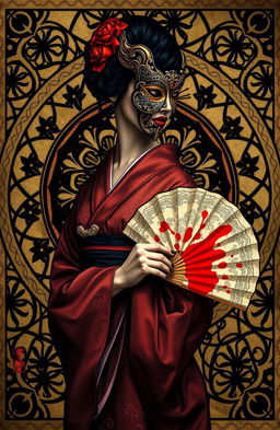 An intricate novel cover design featuring complex geometric patterns in the background, evoking a blend of modern and traditional art styles