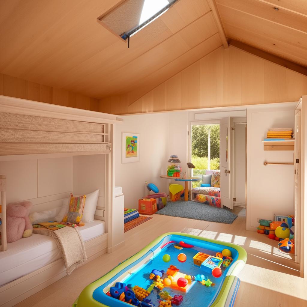 A spacious, well-lit bedroom featuring an enticing kids' play area equipped with a small swimming pool intended for two children, filled with safe, colorful water toys.