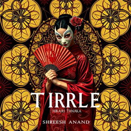 An engaging novel cover design titled 'Tirrle Hikari Tanaka' by Shreesh Anand, featuring captivating complex geometric patterns in the background that merge traditional and contemporary aesthetics