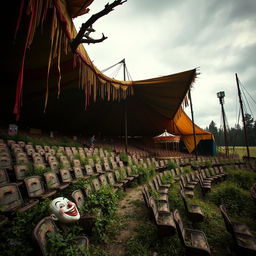 An eerie and hauntingly beautiful abandoned circus, with rusted rides and faded tents