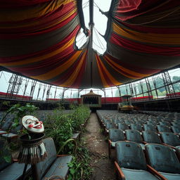 An eerie and hauntingly beautiful abandoned circus, with rusted rides and faded tents