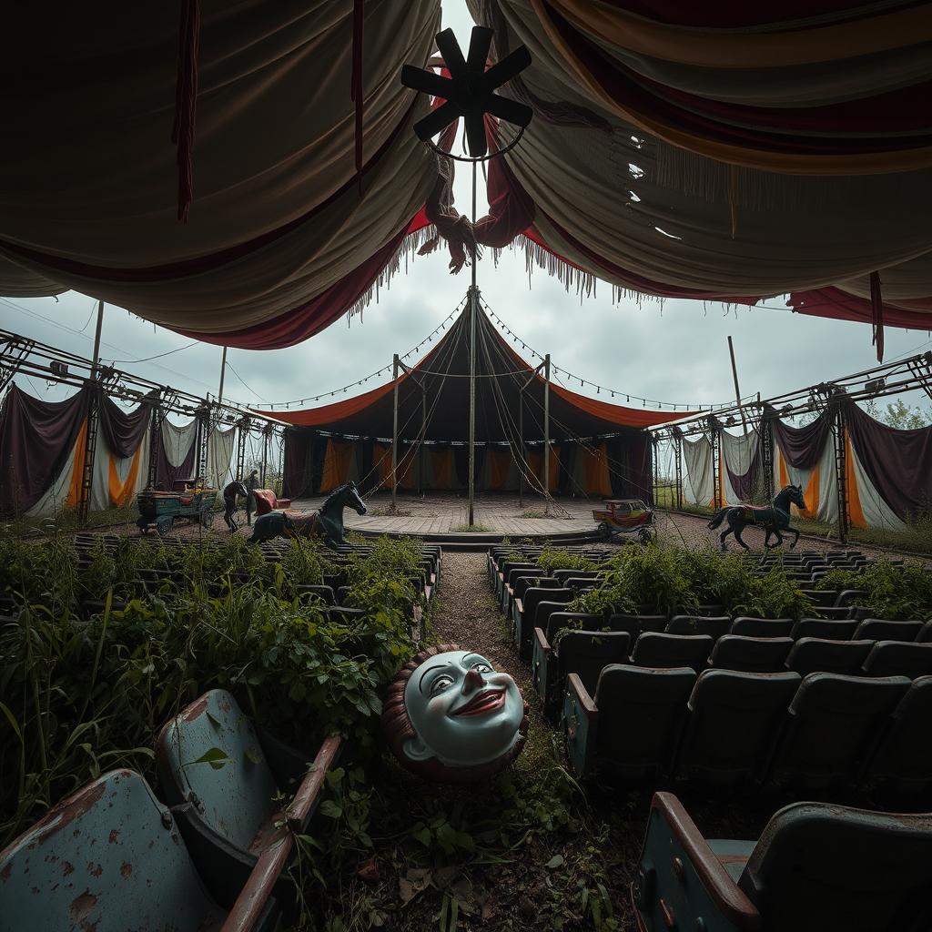 An eerie and hauntingly beautiful abandoned circus, with rusted rides and faded tents