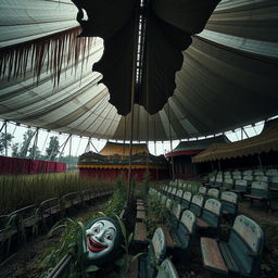 An eerie and hauntingly beautiful abandoned circus, with rusted rides and faded tents