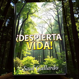 A book cover for a poetry collection featuring a vibrant, lush forest landscape filled with towering trees and bright, shining leaves