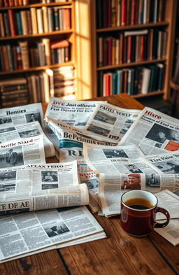 A collection of various articles spread out on a wooden table, showcasing old newspapers, magazines, and personal letters