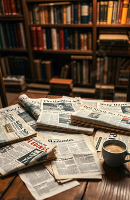 A collection of various articles spread out on a wooden table, showcasing old newspapers, magazines, and personal letters