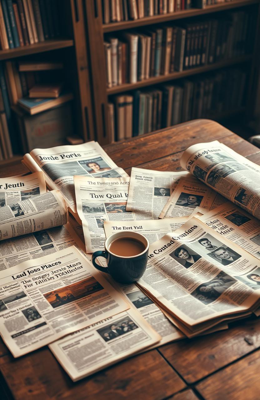 A collection of various articles spread out on a wooden table, showcasing old newspapers, magazines, and personal letters