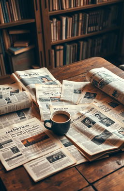 A collection of various articles spread out on a wooden table, showcasing old newspapers, magazines, and personal letters