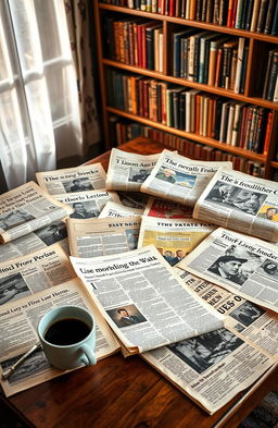 A collection of various articles spread out on a wooden table, showcasing old newspapers, magazines, and personal letters