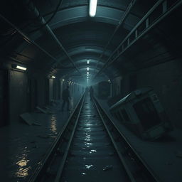 A dark, labyrinthine subway system featuring flooded tracks and broken trains littered throughout the scene