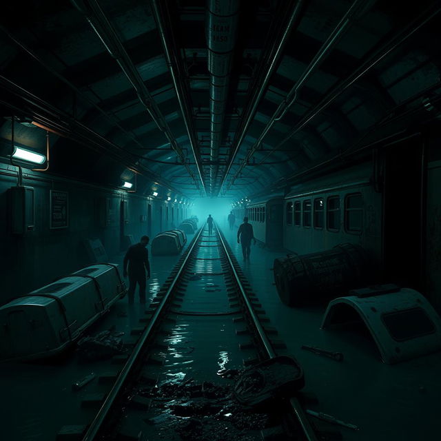 A dark, labyrinthine subway system featuring flooded tracks and broken trains littered throughout the scene