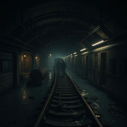 A dark, labyrinthine subway system featuring flooded tracks and broken trains littered throughout the scene