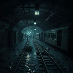 A dark, labyrinthine subway system featuring flooded tracks and broken trains littered throughout the scene