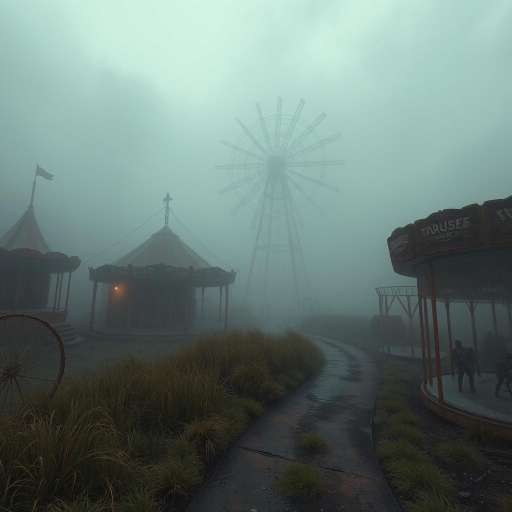 An abandoned amusement park shrouded in an eerie fog, featuring haunted rides and a creepy funhouse with warped mirrors