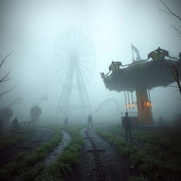 An abandoned amusement park shrouded in an eerie fog, featuring haunted rides and a creepy funhouse with warped mirrors