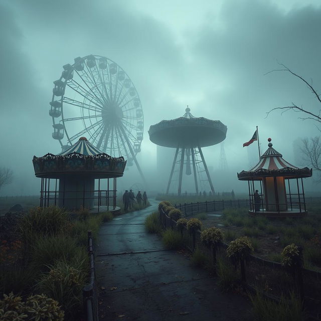 An abandoned amusement park shrouded in an eerie fog, featuring haunted rides and a creepy funhouse with warped mirrors