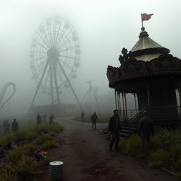 An abandoned amusement park shrouded in an eerie fog, featuring haunted rides and a creepy funhouse with warped mirrors