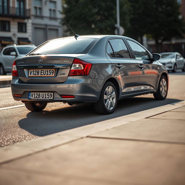 A detailed image of a 2013 gray Lada Granta parked on a street