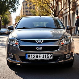 A detailed image of a 2013 gray Lada Granta parked on a street