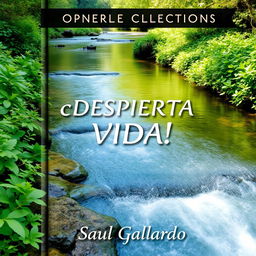 A book cover for a poetry collection featuring a clear and serene river flowing gracefully through lush vegetation