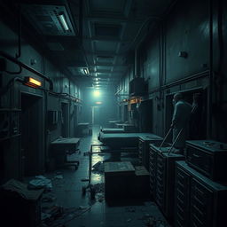 A sprawling hospital complex engulfed by the undead, showcasing tight, dimly lit hallways filled with debris and scattered medical supplies