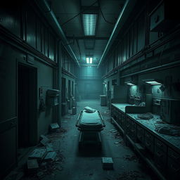 A sprawling hospital complex engulfed by the undead, showcasing tight, dimly lit hallways filled with debris and scattered medical supplies