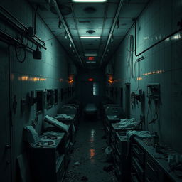 A sprawling hospital complex engulfed by the undead, showcasing tight, dimly lit hallways filled with debris and scattered medical supplies