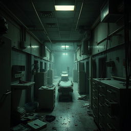 A sprawling hospital complex engulfed by the undead, showcasing tight, dimly lit hallways filled with debris and scattered medical supplies