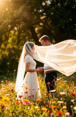 A romantic scene depicting two lovers standing in a field of wildflowers, their faces partially hidden by a soft, flowing veil that flutters in the gentle breeze