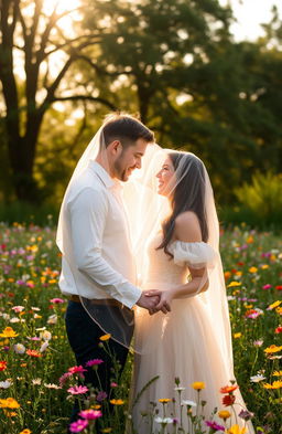 A romantic scene depicting two lovers standing in a field of wildflowers, their faces partially hidden by a soft, flowing veil that flutters in the gentle breeze