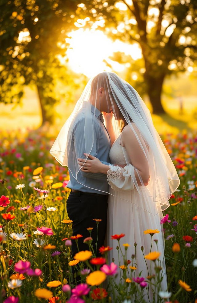 A romantic scene depicting two lovers standing in a field of wildflowers, their faces partially hidden by a soft, flowing veil that flutters in the gentle breeze