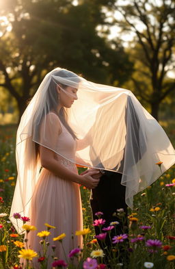 A romantic scene depicting two lovers standing in a field of wildflowers, their faces partially hidden by a soft, flowing veil that flutters in the gentle breeze