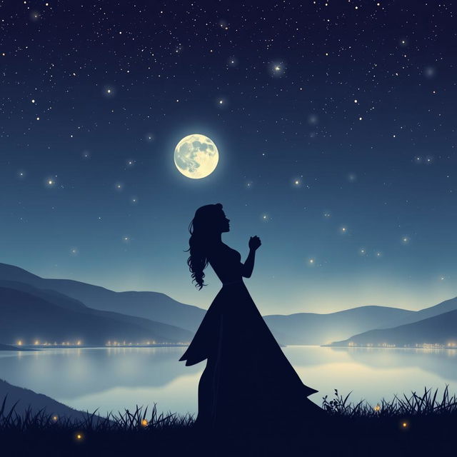 A romantic scene titled 'A Love Unseen' depicting two silhouettes of a couple intimately embracing under a starry night sky, surrounded by soft glowing fairy lights