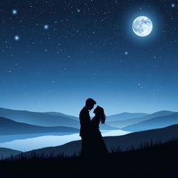 A romantic scene titled 'A Love Unseen' depicting two silhouettes of a couple intimately embracing under a starry night sky, surrounded by soft glowing fairy lights