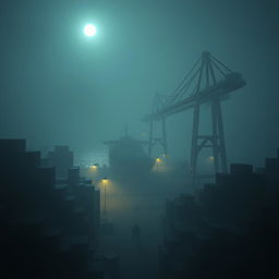 A foggy harbor at night, illuminated by the dim glow of distant lights and moonlight reflecting off the water