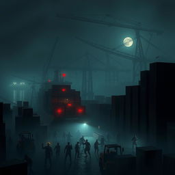 A foggy harbor at night, illuminated by the dim glow of distant lights and moonlight reflecting off the water